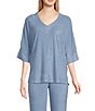 Color:Spa Blue - Image 1 - N by Natori Terry Short Sleeve V-Neck Coordinating Lounge Top