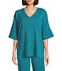 Natori N by Natori Tranquility Short Sleeve V-Neck Coordinating Lounge Top, Color:Peacock - Image 1