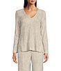 Color:Charcoal - Image 1 - N By Natori Unwind Feathered-Chenille V-Neck High-Low Hem Long Sleeve Coordinating Lounge Top
