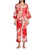 Color:Pink - Image 1 - 3/4 Sleeve Round Neck Satin Palm Print Coordinating Pajama Set