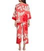 Color:Pink - Image 2 - 3/4 Sleeve Round Neck Satin Palm Print Coordinating Pajama Set