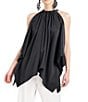 Color:Black - Image 1 - Luxe Charmeuse Halter Neck Sleeveless Pleated Draped Handkerchief Top