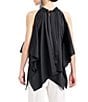 Color:Black - Image 2 - Luxe Charmeuse Halter Neck Sleeveless Pleated Draped Handkerchief Top