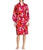 Color:Pink/Red Floral - Image 1 - Satin Floral Print Long Sleeve Shawl Collar Tie Front Short Poppy Print Robe