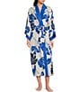 Color:Blue - Image 1 - Satin Palm Print Long Sleeve Shawl Collar Coordinating Long Wrap Robe