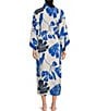 Color:Blue - Image 2 - Satin Palm Print Long Sleeve Shawl Collar Coordinating Long Wrap Robe