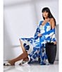 Color:Blue - Image 4 - Satin Palm Print Long Sleeve Shawl Collar Coordinating Long Wrap Robe