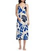 Color:Blue - Image 1 - Satin Palm Print Sleeveless V-Neck Coordinating Nightgown