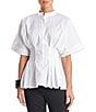 Color:White - Image 1 - Solid Cotton Poplin Stand Collar Short Sleeve Peplum Pleated Empire Waist Shirt