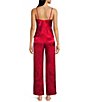 Color:Brocade Red - Image 2 - Solid Satin Jacquard V-Neck Cami and Wide Leg Pants Pajama Set