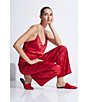 Color:Brocade Red - Image 3 - Solid Satin Jacquard V-Neck Cami and Wide Leg Pants Pajama Set