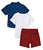 Color:Blue - Image 2 - Baby Boys 12-24 Months Short Sleeve Printed Button Front Shirt, Short Sleeve Logo Jersey Tee, & Twill Shorts Set