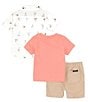 Color:Assorted - Image 3 - Baby Boys 12-24 Months Short Sleeve Printed Poplin Shirt, Short Sleeve Solid Knit T-Shirt & Solid Woven Shorts Set