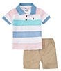 Color:Assorted - Image 2 - Baby Boys 12-24 Months Short Sleeve Striped Knit Polo Shirt & Solid Oxford Shorts Set