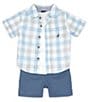 Color:Assorted - Image 1 - Baby Boys 12-24 Months Short Sleeve Yarn Dyed Plaid Woven Shirt, Short Sleeve Knit T-Shirt & Microsuede Twill Shorts Set