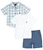 Color:Assorted - Image 2 - Baby Boys 12-24 Months Short Sleeve Yarn Dyed Plaid Woven Shirt, Short Sleeve Knit T-Shirt & Microsuede Twill Shorts Set