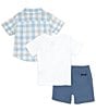 Color:Assorted - Image 3 - Baby Boys 12-24 Months Short Sleeve Yarn Dyed Plaid Woven Shirt, Short Sleeve Knit T-Shirt & Microsuede Twill Shorts Set