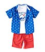 Color:Blue - Image 1 - Little Boys 2T-4T Short-Sleeve Printed Button Down Shirt, Short-Sleeve Logo Graphic Tee, & Twill Shorts Set