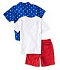 Color:Blue - Image 2 - Little Boys 2T-4T Short-Sleeve Printed Button Down Shirt, Short-Sleeve Logo Graphic Tee, & Twill Shorts Set