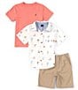 Color:Assorted - Image 1 - Little Boys 2T-7 Woven Button Up, Jersey Tee & Twill Short Three Piece Set