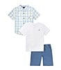 Color:Assorted - Image 1 - Little Boys 2T-7 Short Sleeve Plaid Woven Shirt, Solid Short Sleeve Jersey T-Shirt & Solid Woven Shorts Set