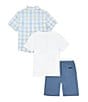 Color:Assorted - Image 2 - Little Boys 2T-7 Short Sleeve Plaid Woven Shirt, Solid Short Sleeve Jersey T-Shirt & Solid Woven Shorts Set