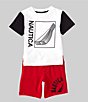 Color:White - Image 1 - Little Boys 4-7 Short-Sleeve Color Block Logo Graphic Tee & Solid Logo-Detailed French Terry Shorts Set