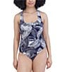 Color:Deep Sea - Image 1 - Printed Square Neck Strappy Back One Piece Swimsuit