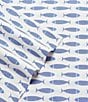Color:Dark Blue - Image 2 - Woodblock Fish Percale Sheet Set