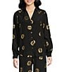 Never Fully Dressed Coordinating Miley Luxe Lightweight Plate Foil Print Collared V-Neck Long Sleeve Button Front Shirt, Color:Black - Image 1