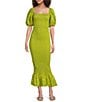 Never Fully Dressed Jojo Bardot Neck Short Puff Sleeves Smocked Midi Fitted Dress, Color:Olive Green - Image 1