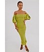 Never Fully Dressed Jojo Bardot Neck Short Puff Sleeves Smocked Midi Fitted Dress, Color:Olive Green - Image 4