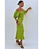 Never Fully Dressed Jojo Bardot Neck Short Puff Sleeves Smocked Midi Fitted Dress, Color:Olive Green - Image 6