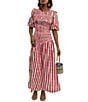 Never Fully Dressed Nara Stripe Print Crew Neck Short Puff Sleeves Maxi Dress, Color:Red - Image 1