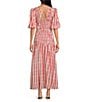 Never Fully Dressed Nara Stripe Print Crew Neck Short Puff Sleeves Maxi Dress, Color:Red - Image 2