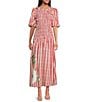 Never Fully Dressed Nara Stripe Print Crew Neck Short Puff Sleeves Maxi Dress, Color:Red - Image 3