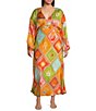 Never Fully Dressed Plus Size Emma Soller Multicolored Print V-Neck Long Sleeve Maxi Dress, Color:Multi - Image 1