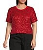Never Fully Dressed Plus Size Sequin Crew Neck Short Sleeve Top, Color:Red - Image 1