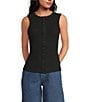 Never Fully Dressed Ribbed Knit Crew Neck Sleeveless Studded Button Front Tank, Color:Black - Image 1