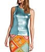 Never Fully Dressed Ribbed Metallic Crew Neck Sleeveless Tank Top, Color:Blue - Image 1