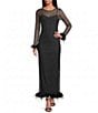 Never Fully Dressed Round Neck Long Sleeve Feather Trim Mesh Maxi Dress - Image 1