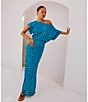 Never Fully Dressed Tilly Plisse Gold Foil Fleck Print One Shoulder Neck Short Sleeve Maxi Dress, Color:Blue - Image 6