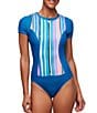 Color:Multi - Image 1 - NEXT by Athena Hampton Stripe Malibu Crew Neck Short Sleeve Scuba Inspired One Piece Swimsuit