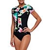 Color:Black - Image 1 - Next by Athena Keoki Palms Tropical Floral Print Zip Front Short Sleeve One Piece Swimsuit