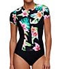 Color:Black - Image 3 - Next by Athena Keoki Palms Tropical Floral Print Zip Front Short Sleeve One Piece Swimsuit