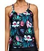 Athena Next by Athena Polynesian Paradise Third Eye Rib Texture Tropical Print Scoop Neck Tankini Swim Top, Color:Black - Image 1