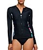 Athena Next by Athena Polynesian Paradise Tropical Print Long Sleeve Front Zip Surf Shirt Swim Cover-Up, Color:Black - Image 1