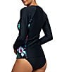 Athena Next by Athena Polynesian Paradise Tropical Print Long Sleeve Front Zip Surf Shirt Swim Cover-Up, Color:Black - Image 2
