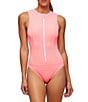 Color:Neon Sorbe - Image 1 - NEXT by Athena Scuba Rib Solid High Neck Front Zip Tank One Piece Swimsuit