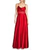 Color:Red - Image 1 - Drape Neck Illusion Corset Satin Ball Gown